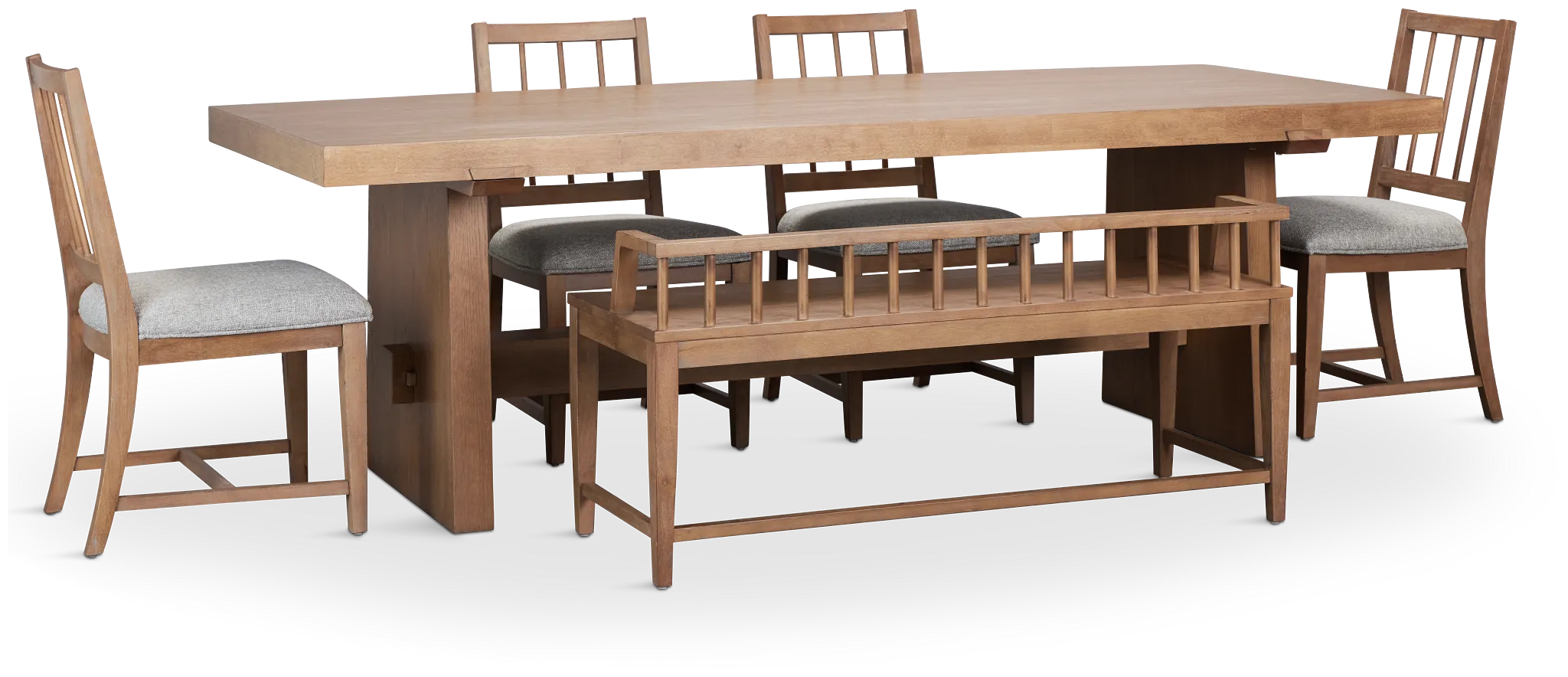 Provo Mid Tone Trestle Table, 4 Gray Chairs & Bench