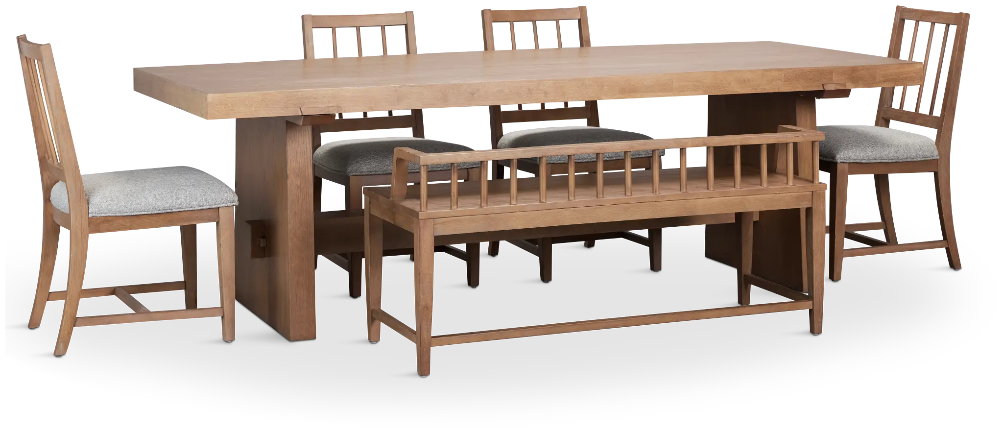 Provo Mid Tone Trestle Table, 4 Gray Chairs & Bench Provo Mid Tone Trestle Table, 4 Gray Chairs & Bench