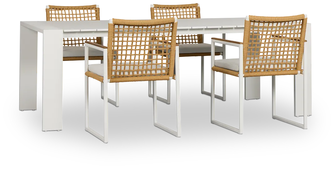 Sunrise White 86" Rectangular Table & 4 Teak Arm Chairs