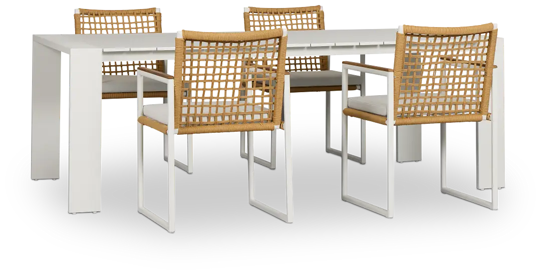 Sunrise White 86" Rectangular Table & 4 Teak Arm Chairs Sunrise White 86" Rectangular Table & 4 Teak Arm Chairs