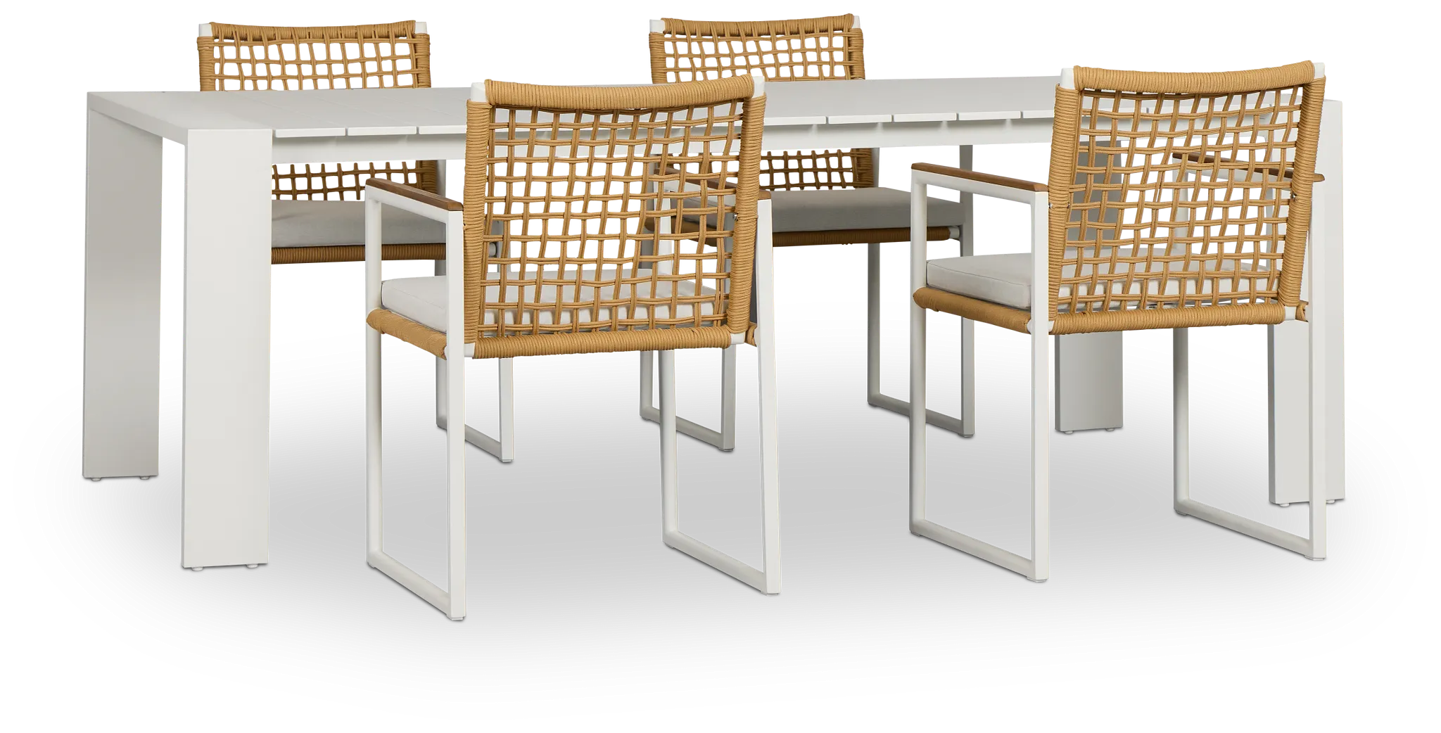 Sunrise White 86" Rectangular Table & 4 Teak Arm Chairs