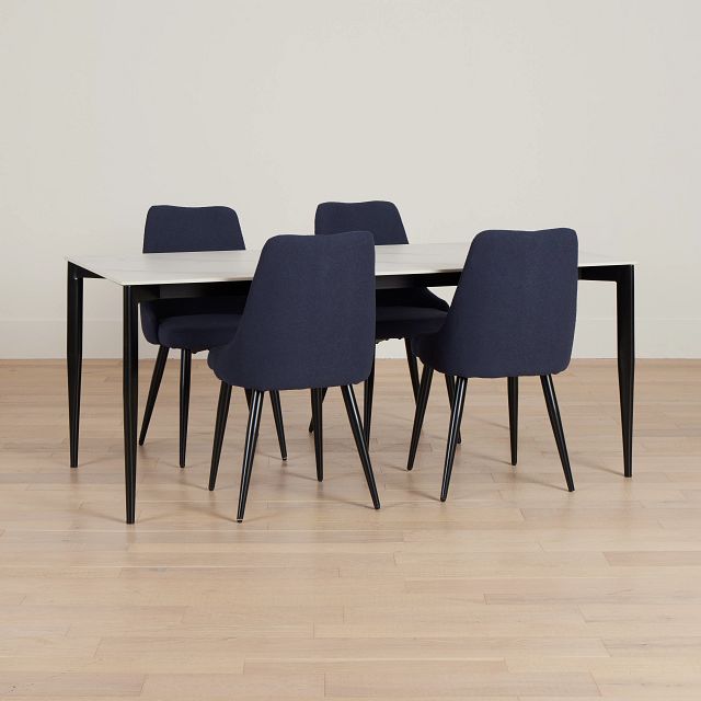 Andover White Rect Table & 4 Dark Blue Upholstered Curved Chairs