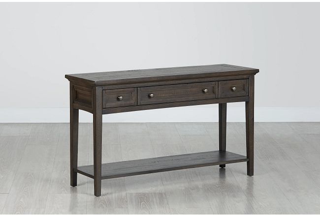 Sonoma Dark Tone Sofa Table Living Room Sofa Tables City Furniture While coffee tables are placed in front of the sofa, modern sofa tables are placed behind the sofa. usd