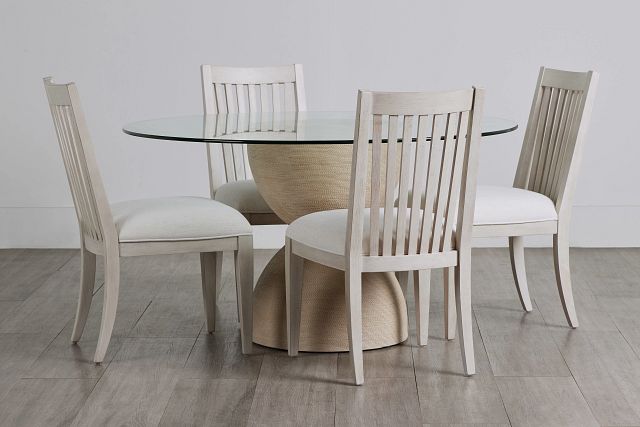 Marseilles Glass Round Table & 4 Slat Chairs