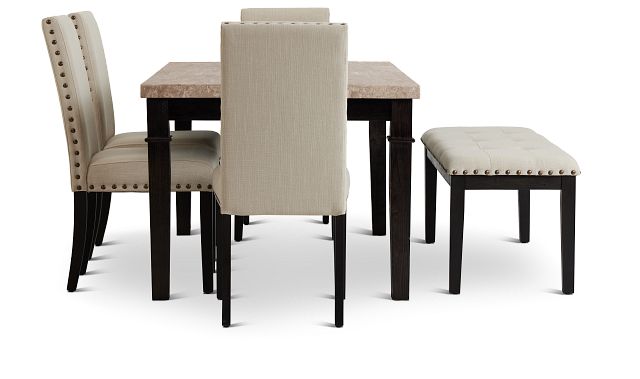Portia Dark Tone Marble Table, 4 Chairs & Bench (3)
