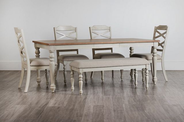 Lexington Two-tone Rect Table, 4 Chairs & Bench (2)