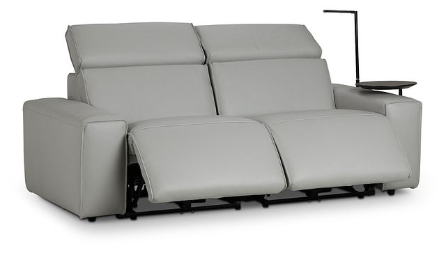 Carmelo Gray Leather Power Reclining Sofa With Right Table