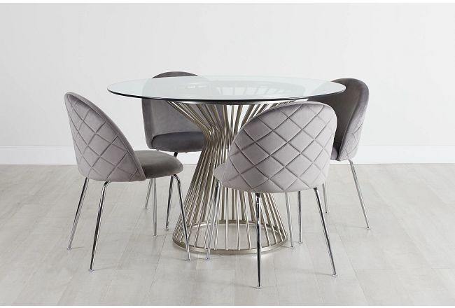 Munich Silver Glass Table & 4 Gray Upholstered Chairs