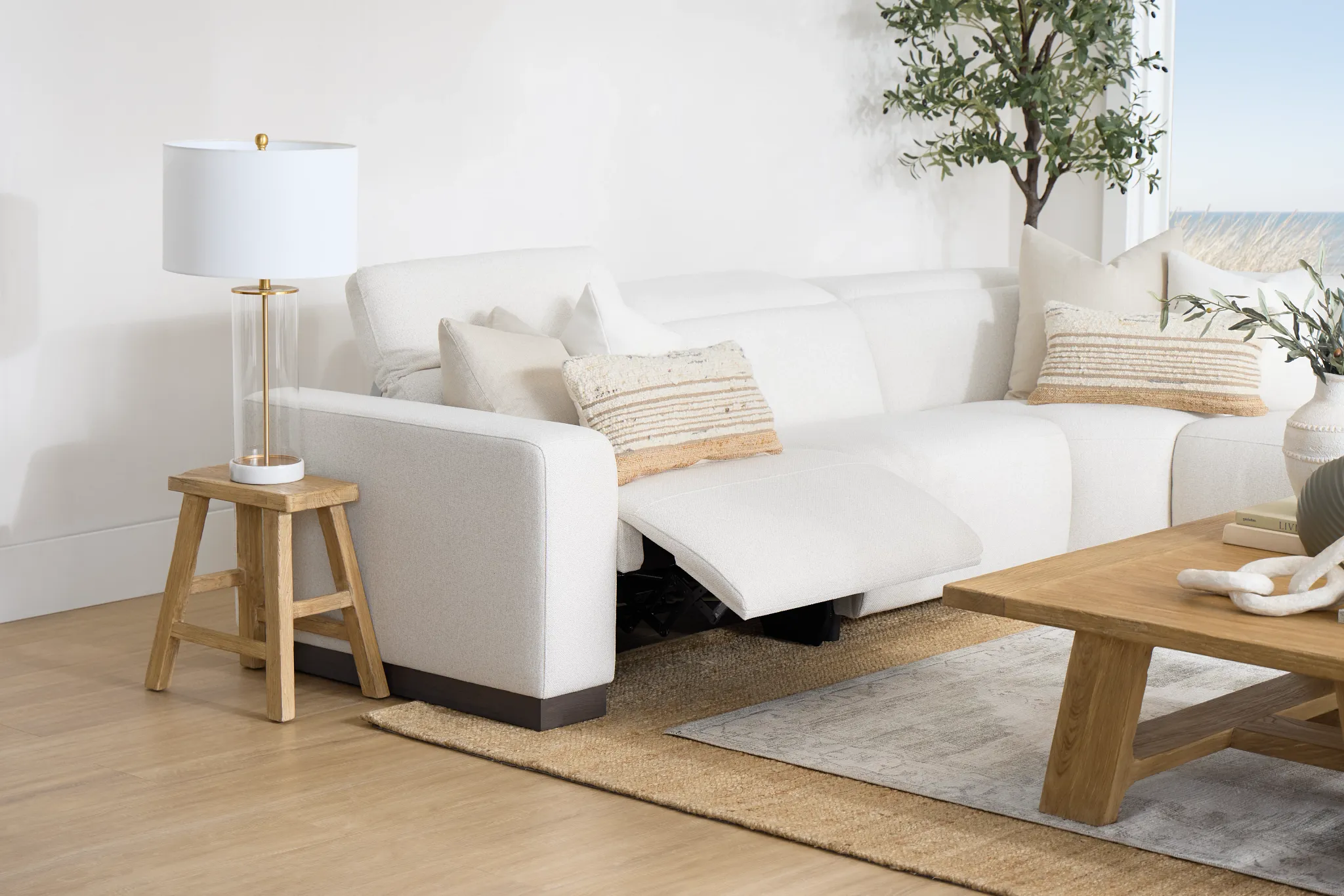 Leona Light Beige Fabric Small Triple Power Reclining Two-arm Sectional