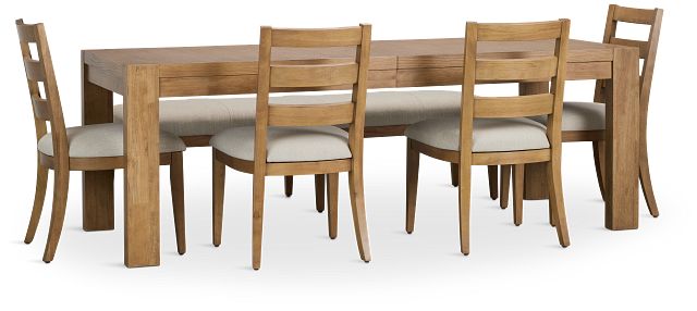 Tahoe Light Tone Rect Table With 4 Wood Side Chairs & Bench