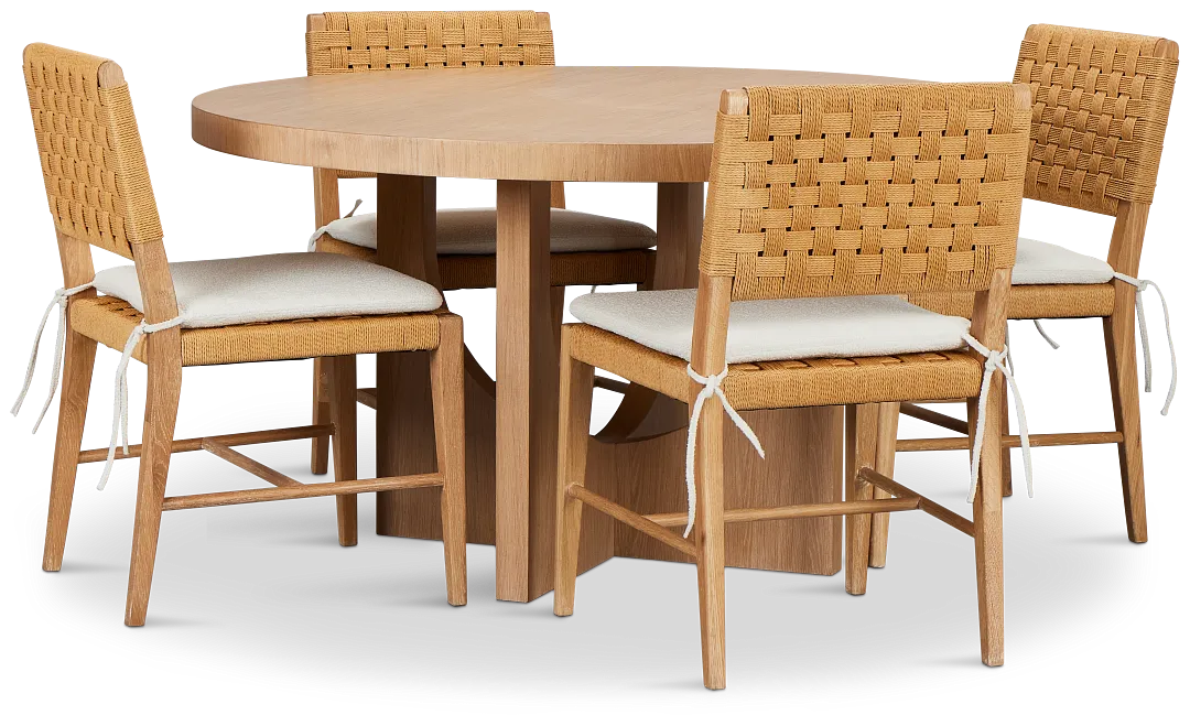 Malibu Light Tone Wood Round Table & 4 Woven Chairs