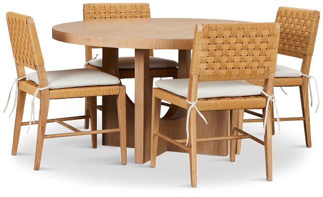 Malibu Light Tone Wood Round Table & 4 Woven Chairs