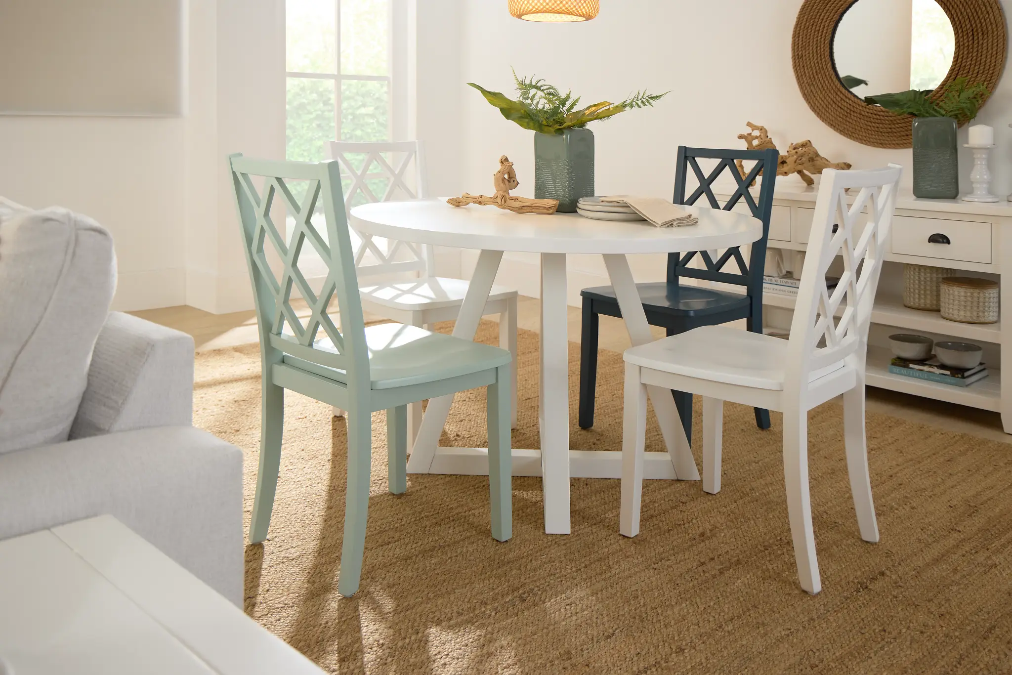 Edgartown White Round Table & Mixed Chairs Edgartown White Round Table & Mixed Chairs