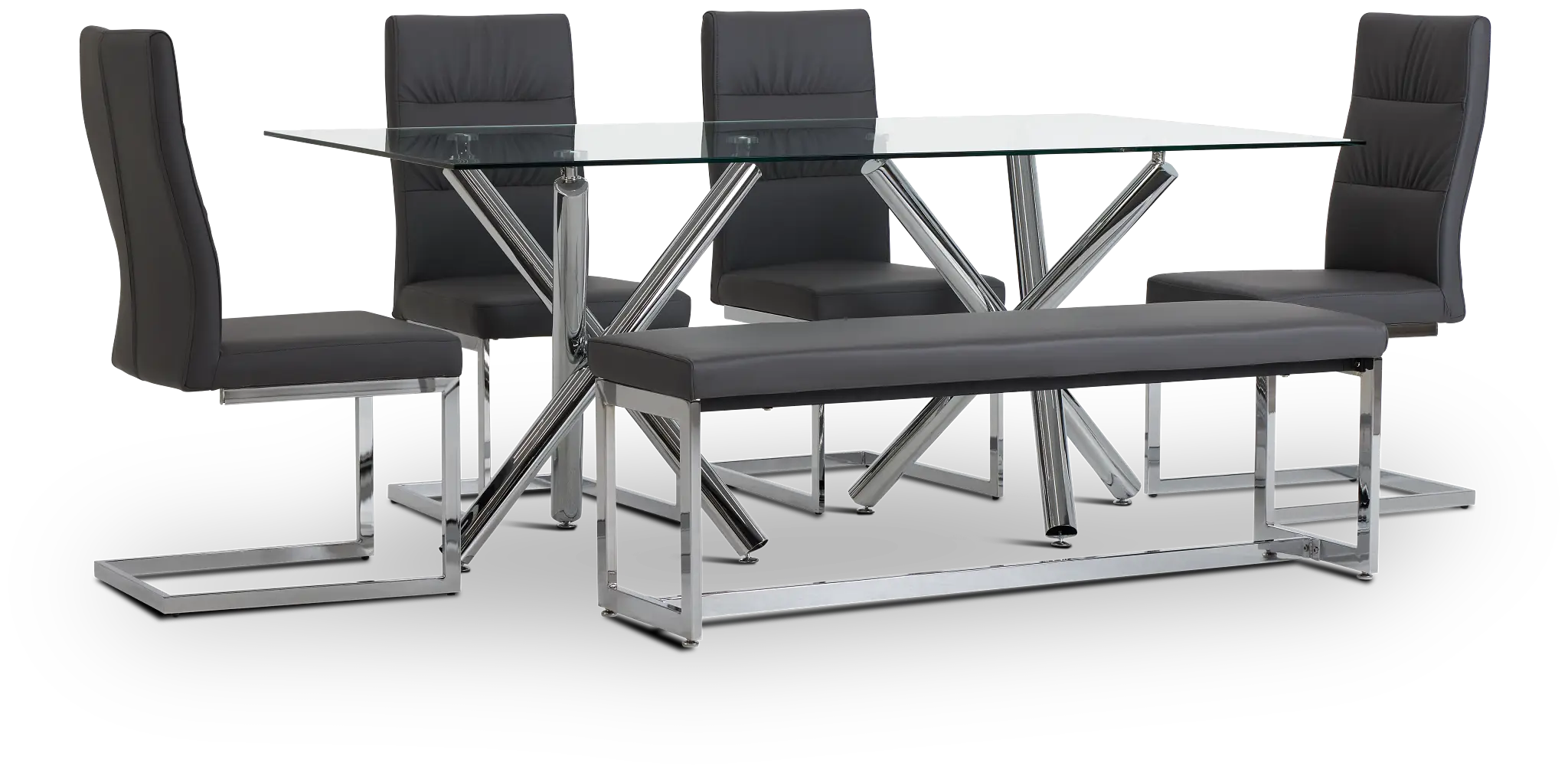 Quincy Glass Gray Table, 4 Chairs & Bench Quincy Glass Gray Table, 4 Chairs & Bench
