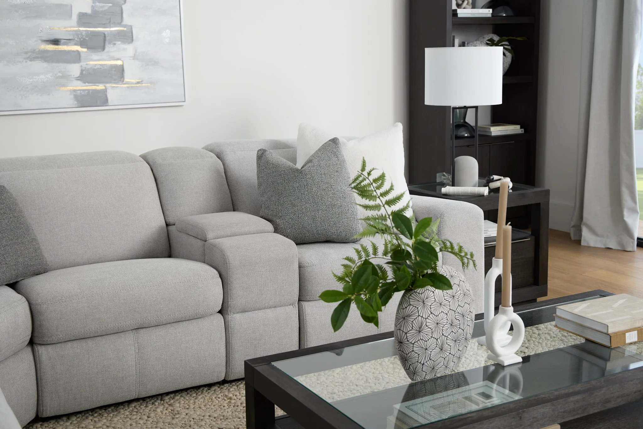 Callum Light Gray Fabric Large Dual Power Reclining Two-arm Sectional