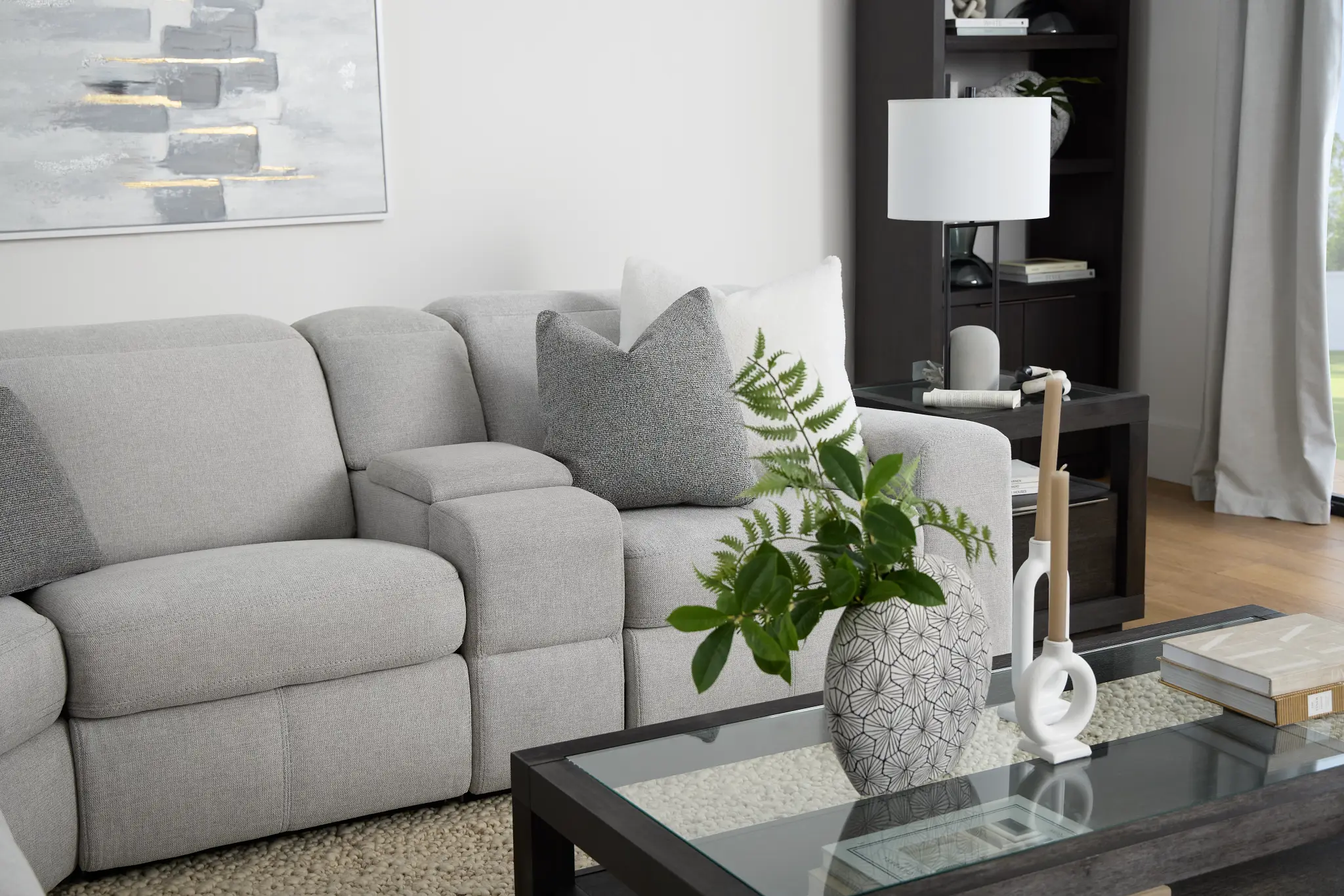 Callum Light Gray Fabric Large Dual Power Reclining Two-arm Sectional Callum Light Gray Fabric Large Dual Power Reclining Two-arm Sectional