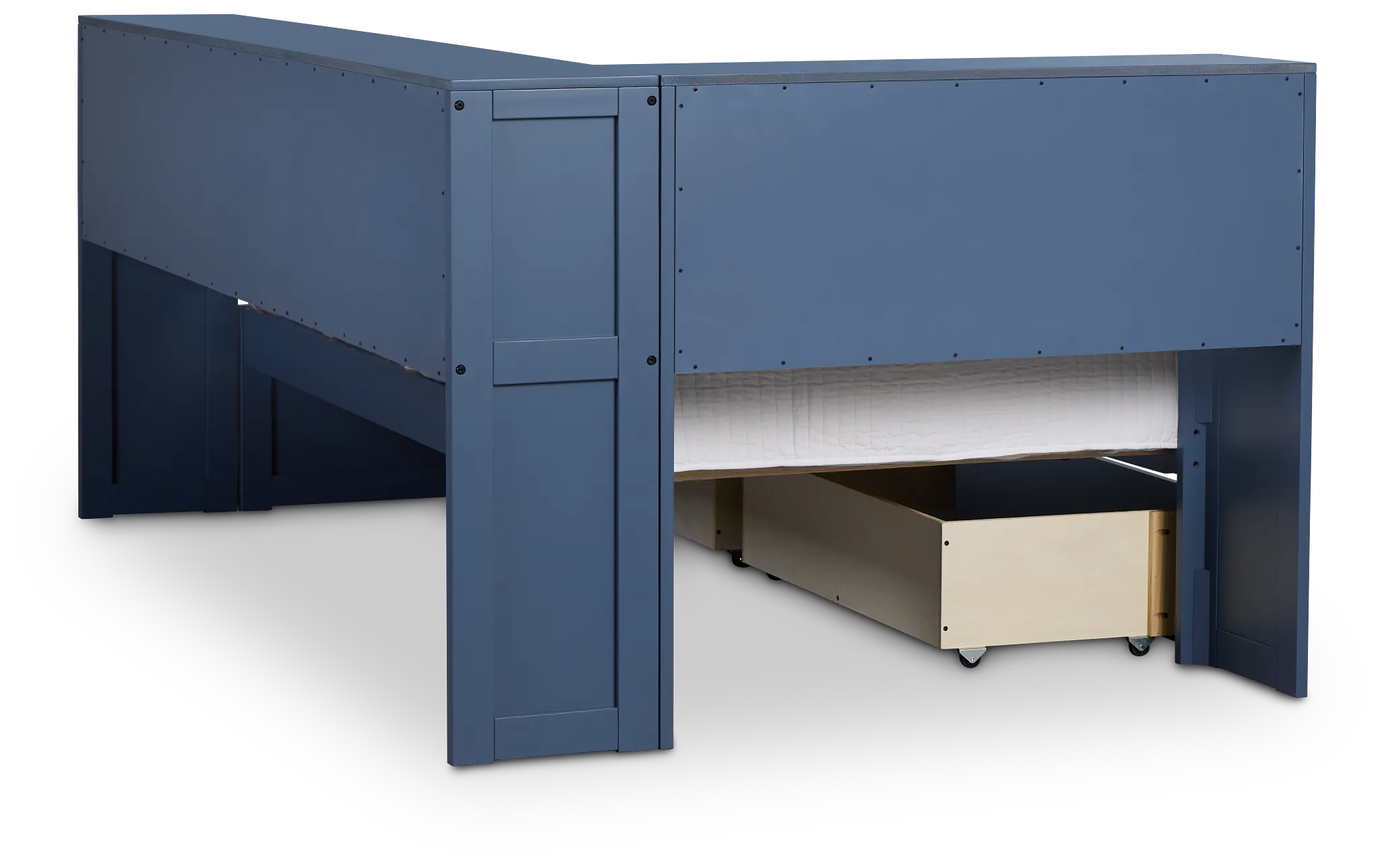 Charleston Dark Blue Corner Bookcase Bed With 2 Storage Drawers