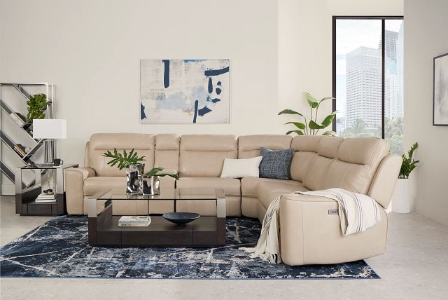 Benji Light Beige Lthr/vinyl Medium Triple Power 2-arm Sectional