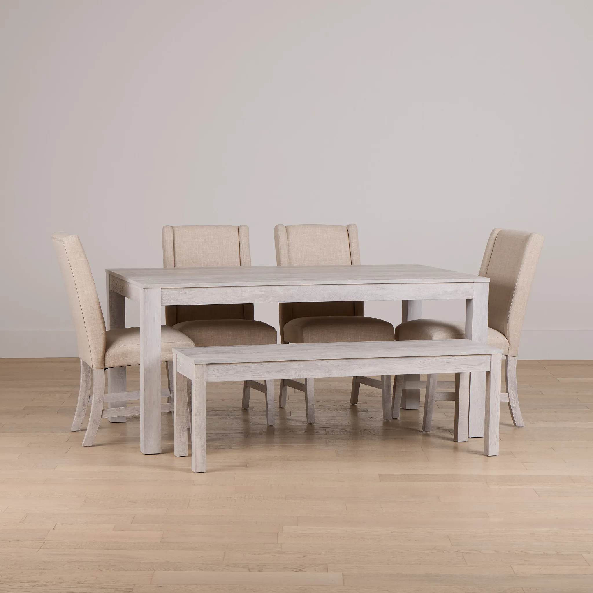 Delray White Rect Table, 4 Chairs & Bench