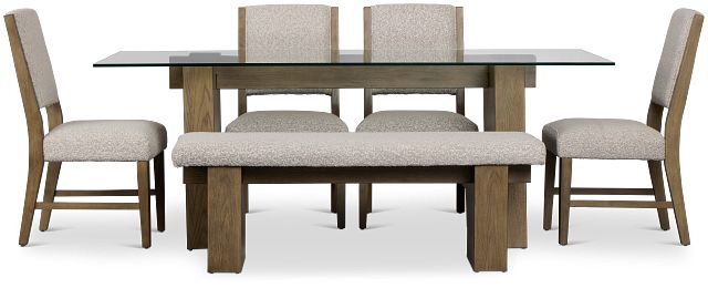 Vance Glass Rect Table With 4 Upholstered Side Chairs & Bench