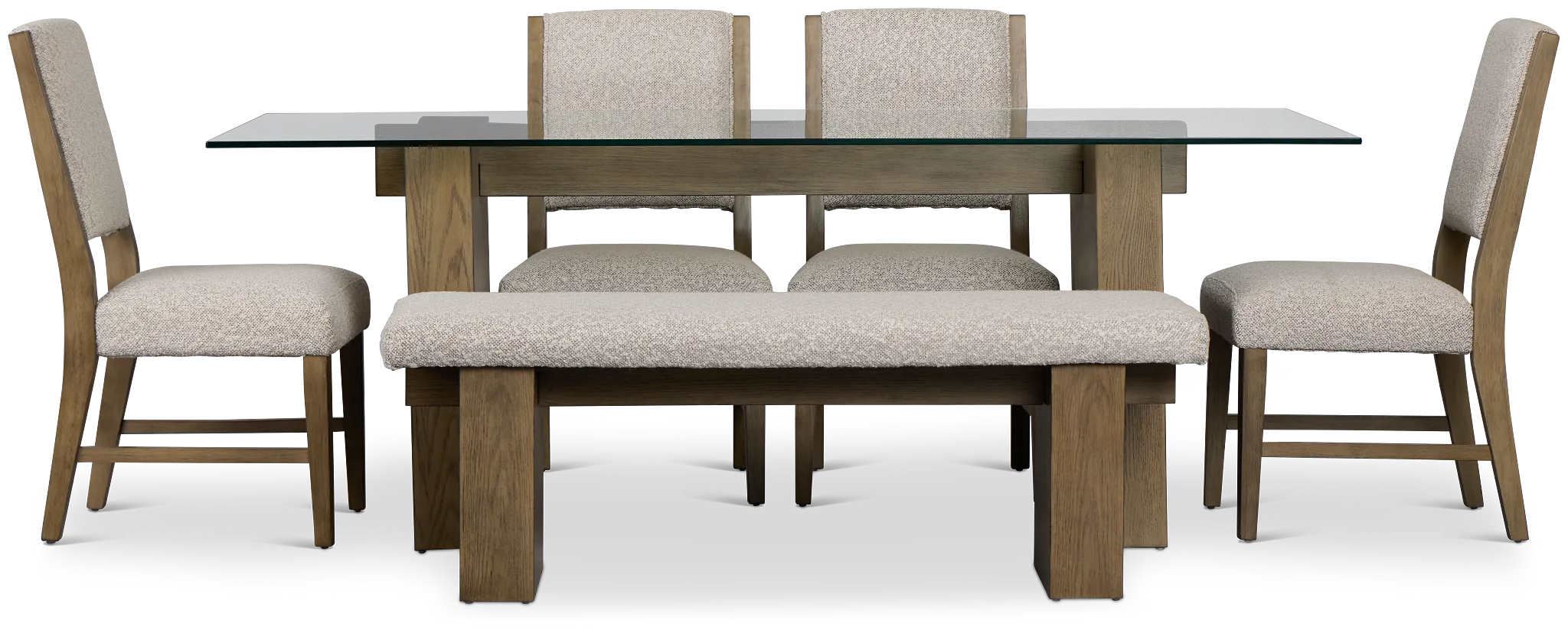 Vance Glass Rect Table With 4 Upholstered Side Chairs & Bench