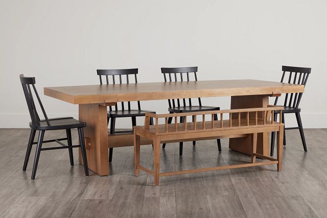 Provo Mid Tone Trestle Table With 4 Wood Side Chairs & Bench
