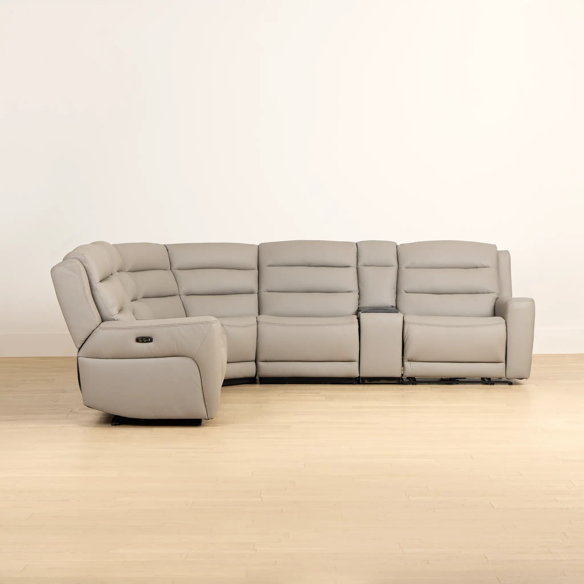 Wilder Taupe Leather Large Dual Power Sectional W/refrigerated Console Wilder Taupe Leather Large Dual Power Sectional W/refrigerated Console