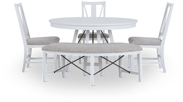 Heron Cove White Round Table, 3 Chairs & Bench