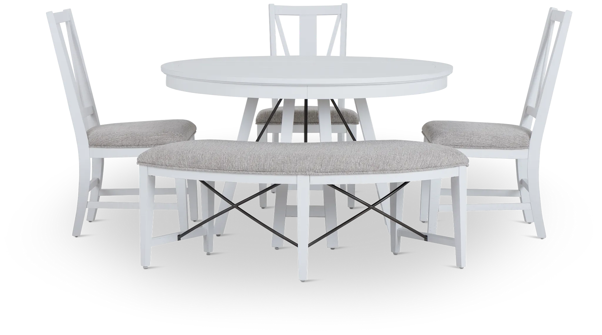 Heron Cove White Round Table, 3 Chairs & Bench