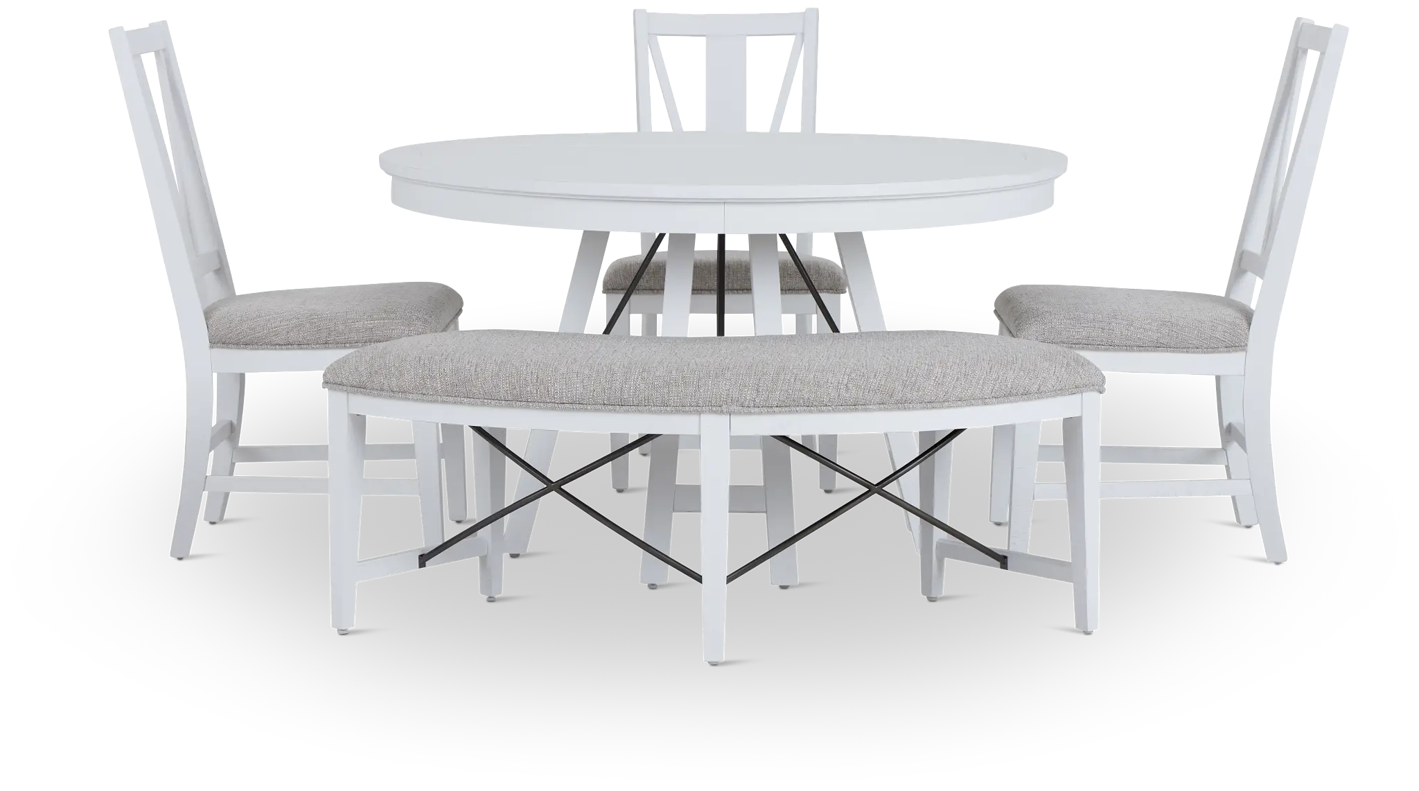 Heron Cove White Round Table, 3 Chairs & Bench Heron Cove White Round Table, 3 Chairs & Bench