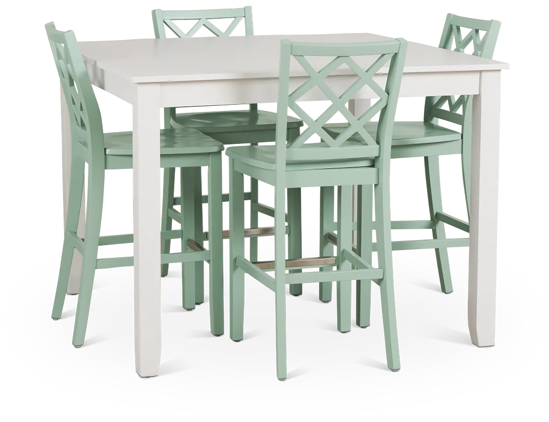 Edgartown White Square High Table & 4 Light Blue Wood Barstools