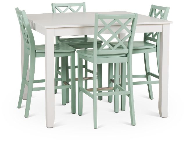 Edgartown White Square High Table & 4 Light Blue Wood Barstools