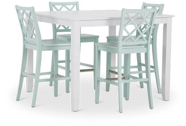 Edgartown White Square High Table & 4 Light Blue Wood Barstools