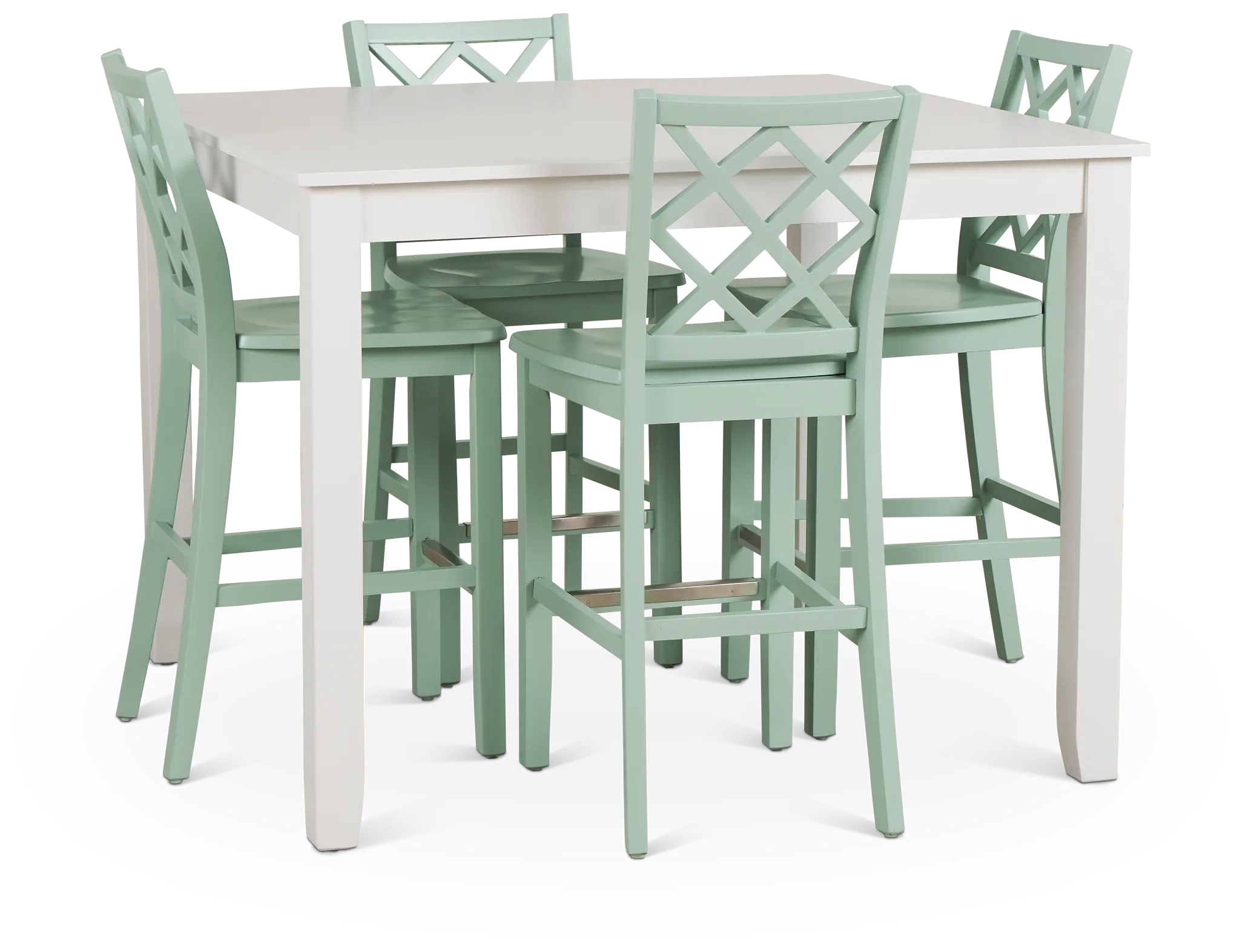 Edgartown White Square High Table & 4 Light Blue Wood Barstools