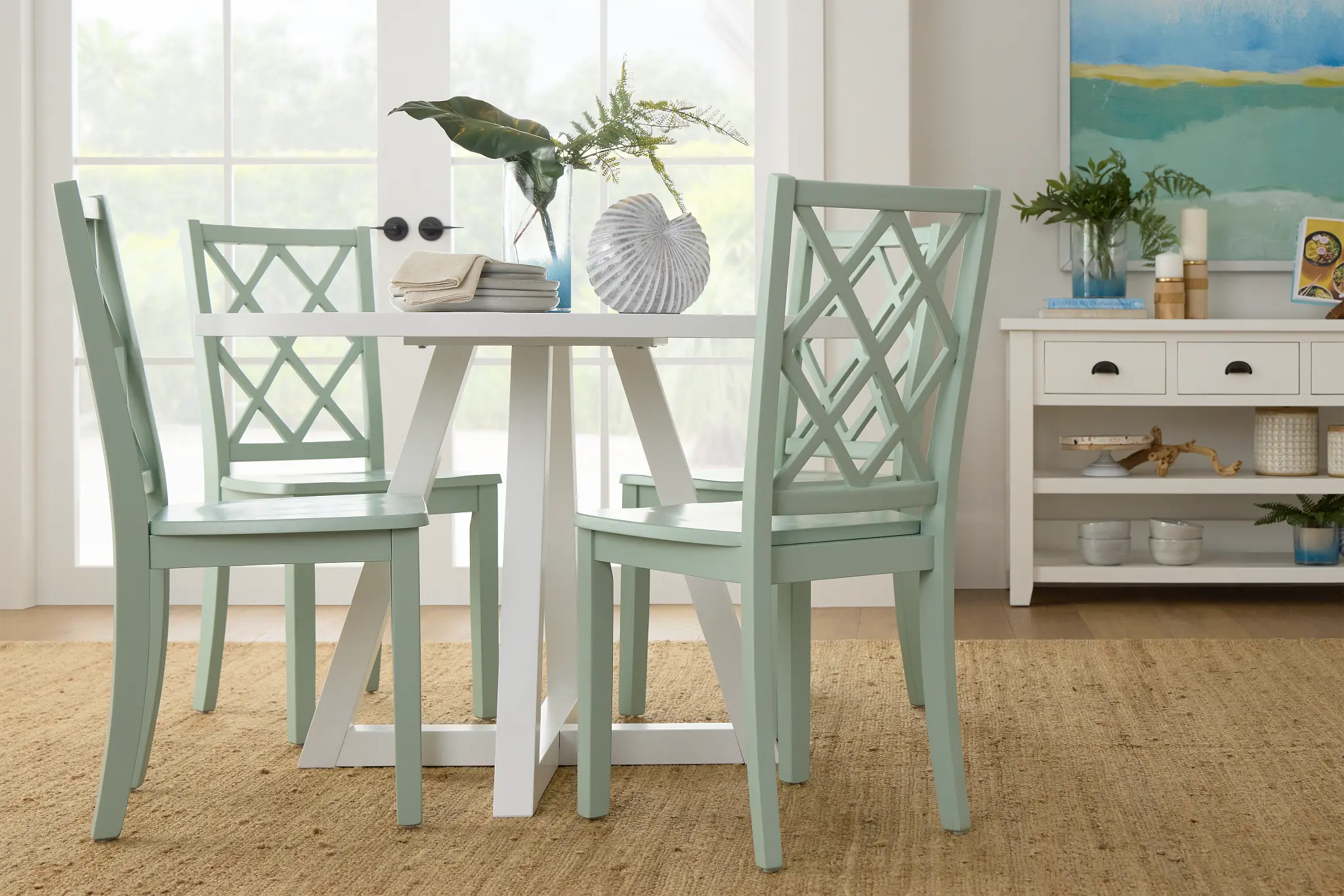 Edgartown White Round Table & 4 Light Blue Wood Chairs Edgartown White Round Table & 4 Light Blue Wood Chairs