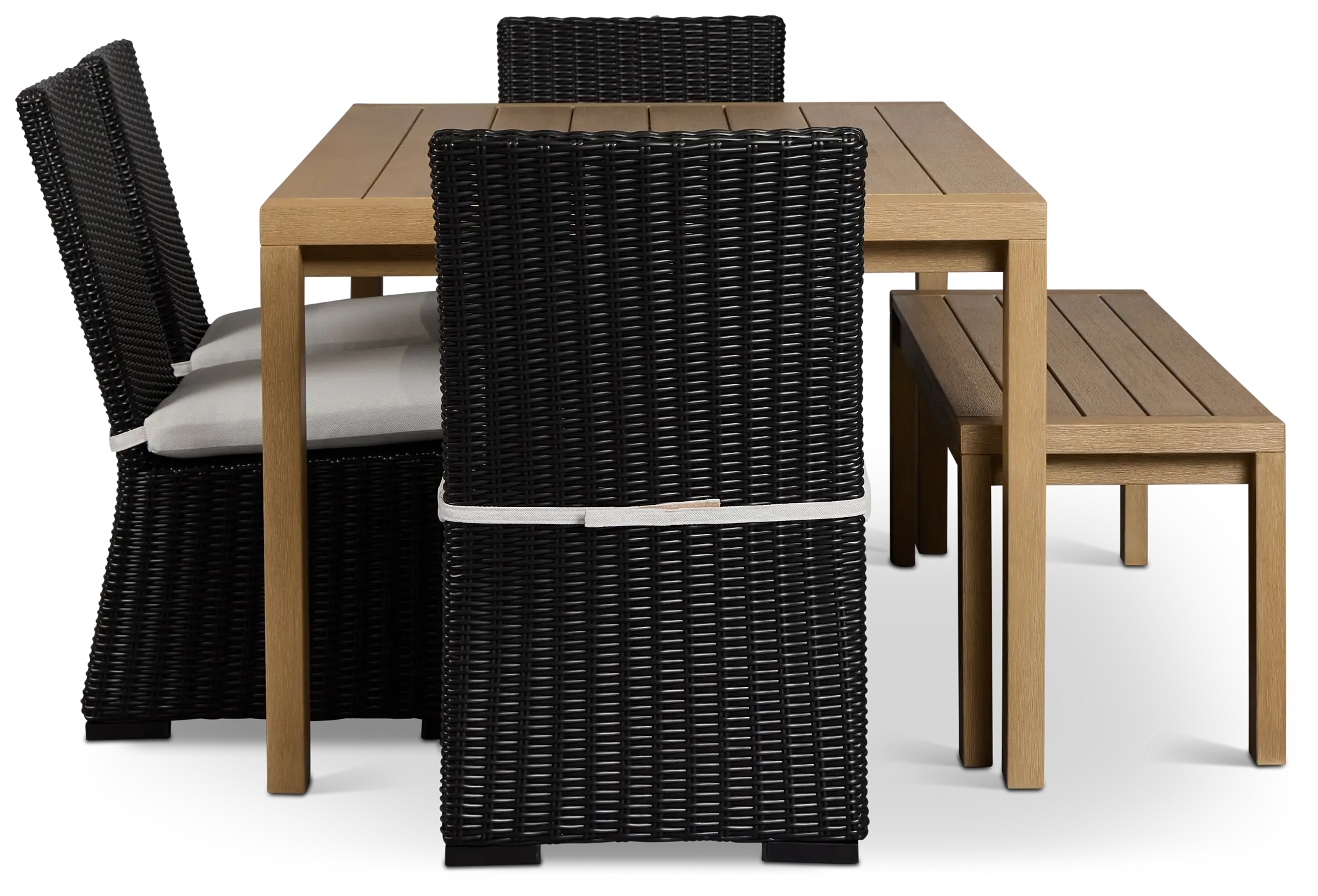 Montecito Mid Tone Table, 4 Chairs & Bench With Light Beige Cushions Montecito Mid Tone Table, 4 Chairs & Bench With Light Beige Cushions