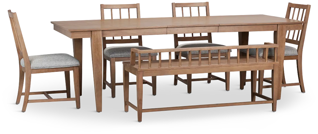 Provo Mid Tone Rect Table, 4 Gray Chairs & Bench