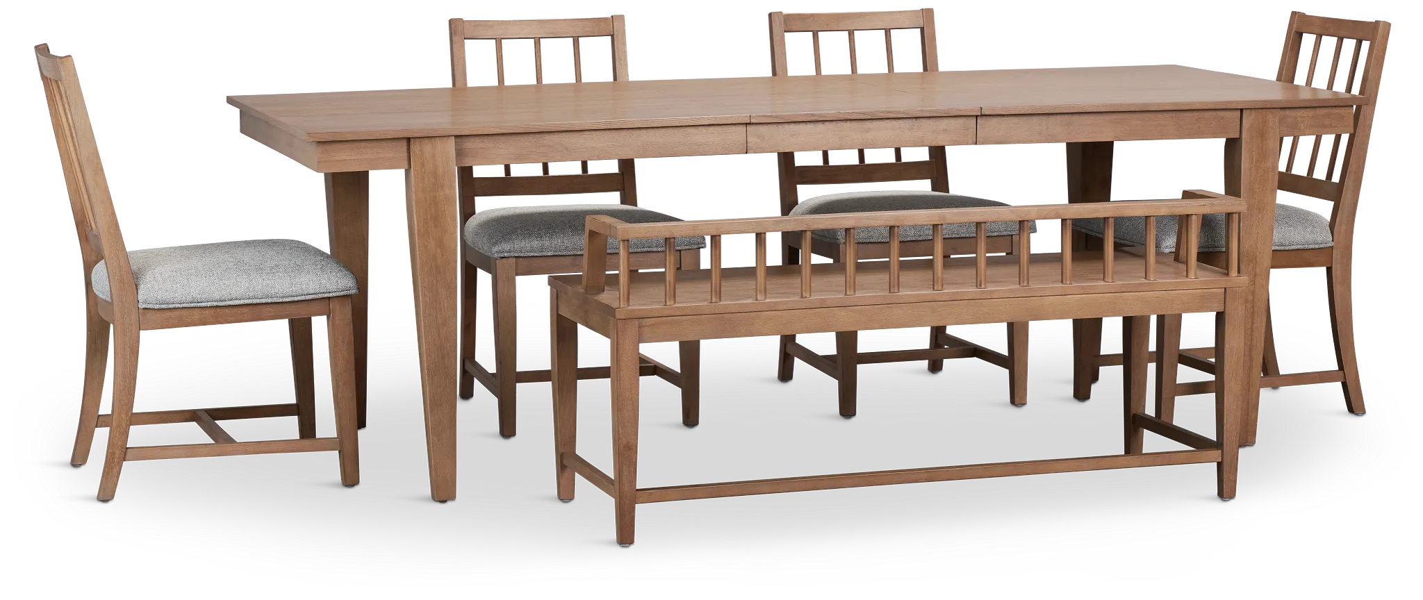 Provo Mid Tone Rect Table, 4 Gray Chairs & Bench