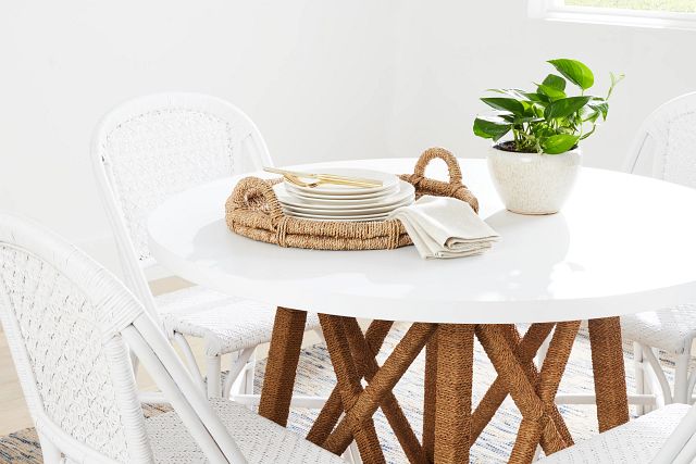 Greenwich Two-tone Round Table & 4 White Rattan Chairs