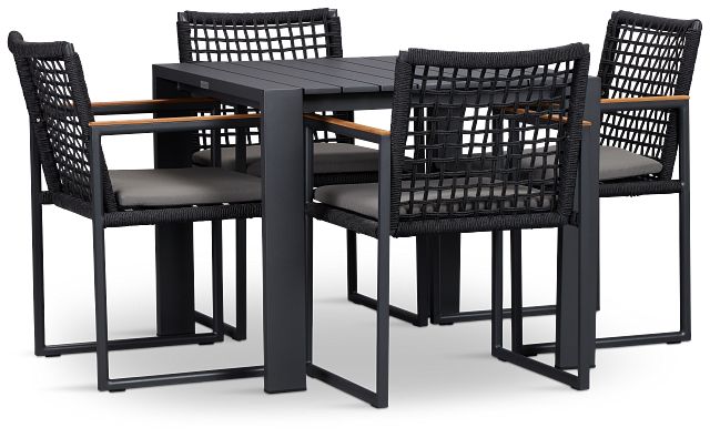 Sunrise Dark Gray 35" Square Table & 4 Teak Arm Chairs