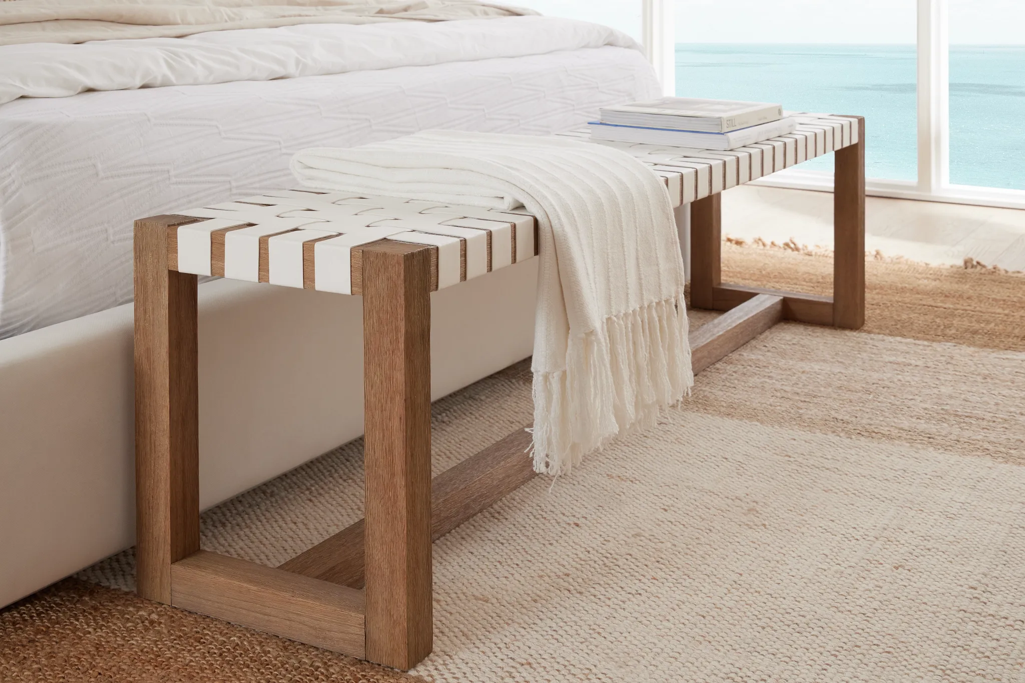 Haven White Woven Upholstered Dining Bench