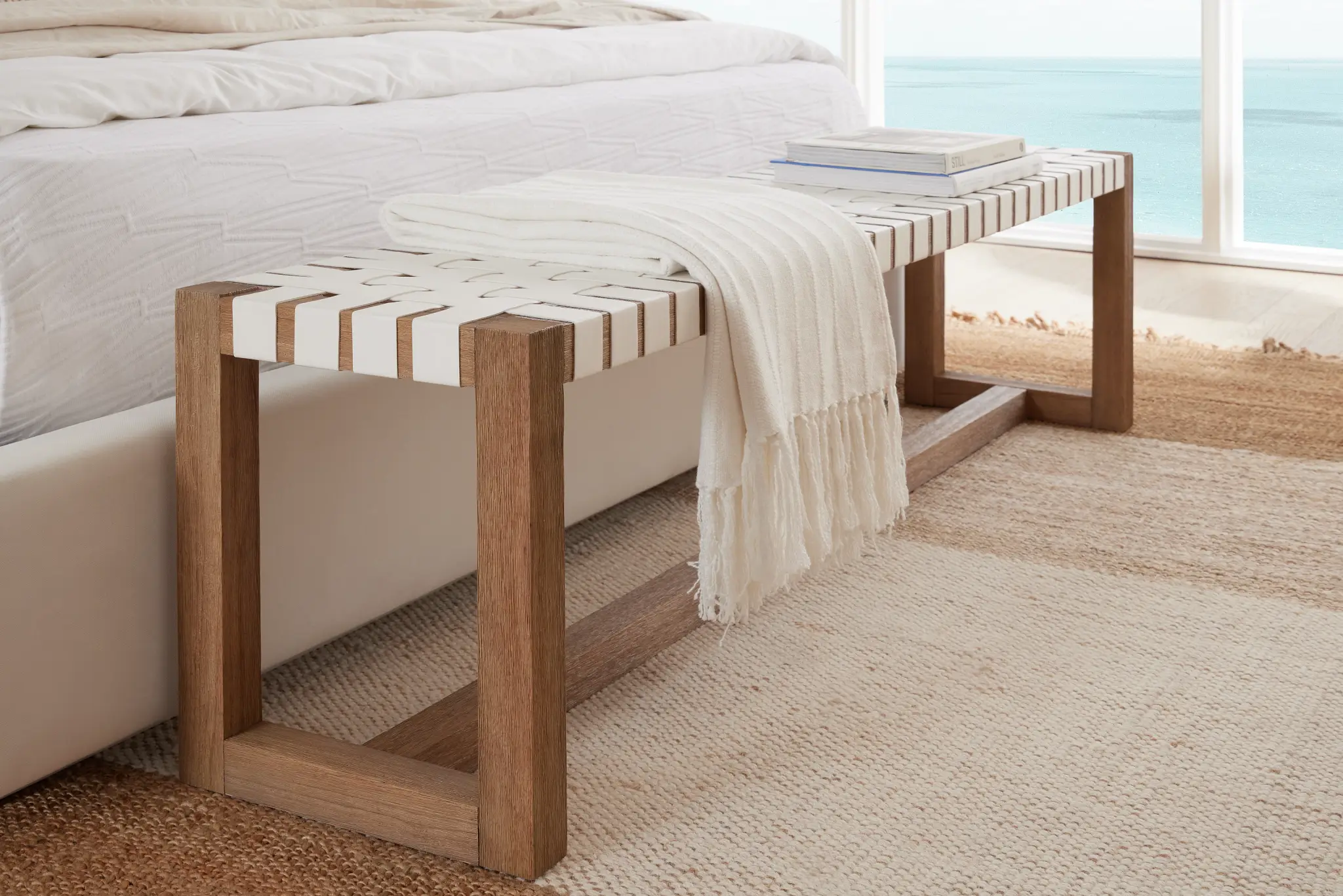 Haven White Woven Upholstered Dining Bench Haven White Woven Upholstered Dining Bench