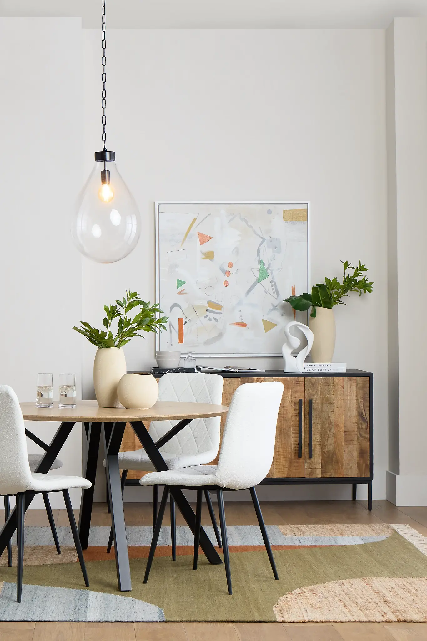 Lynden Light Tone Round Table & 4 White Upholstered Side Chairs Lynden Light Tone Round Table & 4 White Upholstered Side Chairs