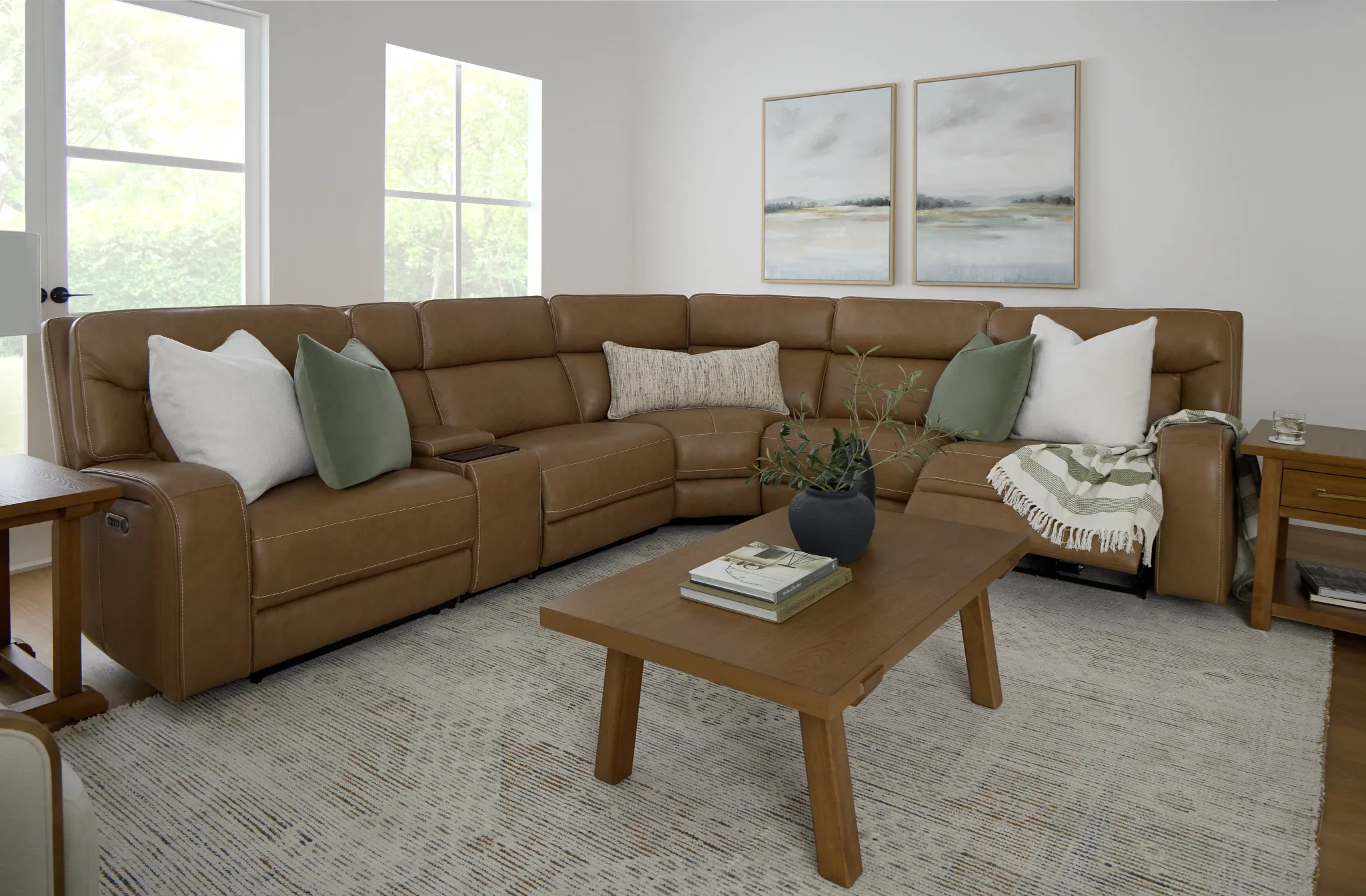 Jasper Light Brown Leather Medium Dual Power 2-arm Reclining Sectional