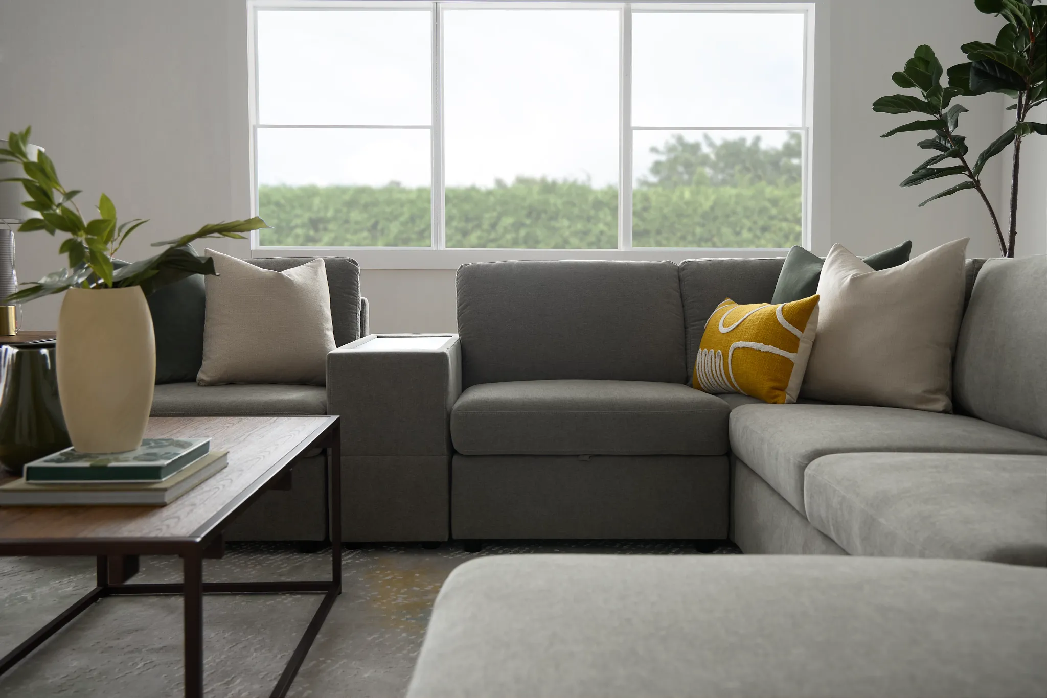 Addie Gray Fabric Medium Right Chaise Sleeper Sectional With Console