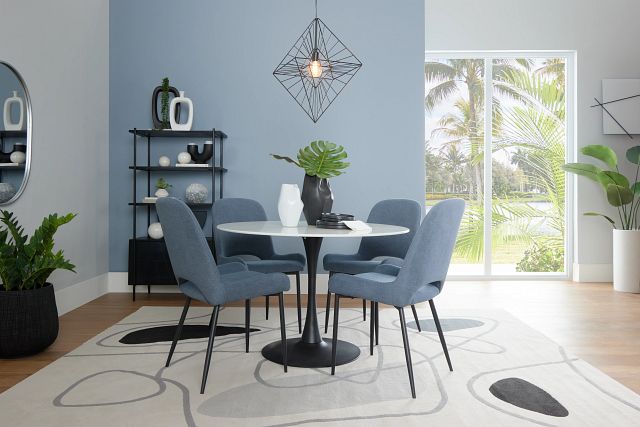 Brela White Marble Round Table & 4 Dark Blue Upholstered Chairs