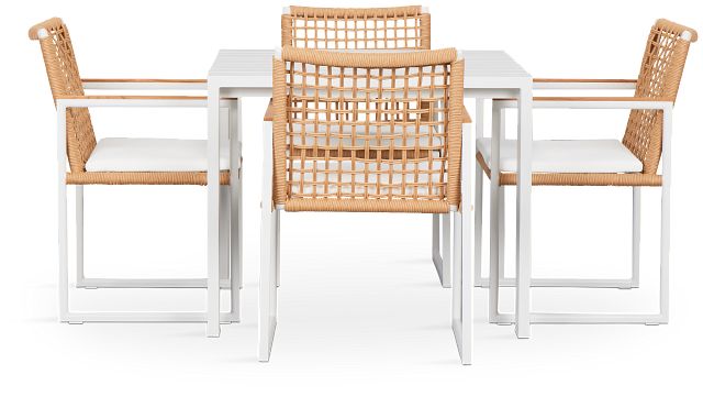 Sunrise White 35" Square Table & 4 Teak Arm Chairs