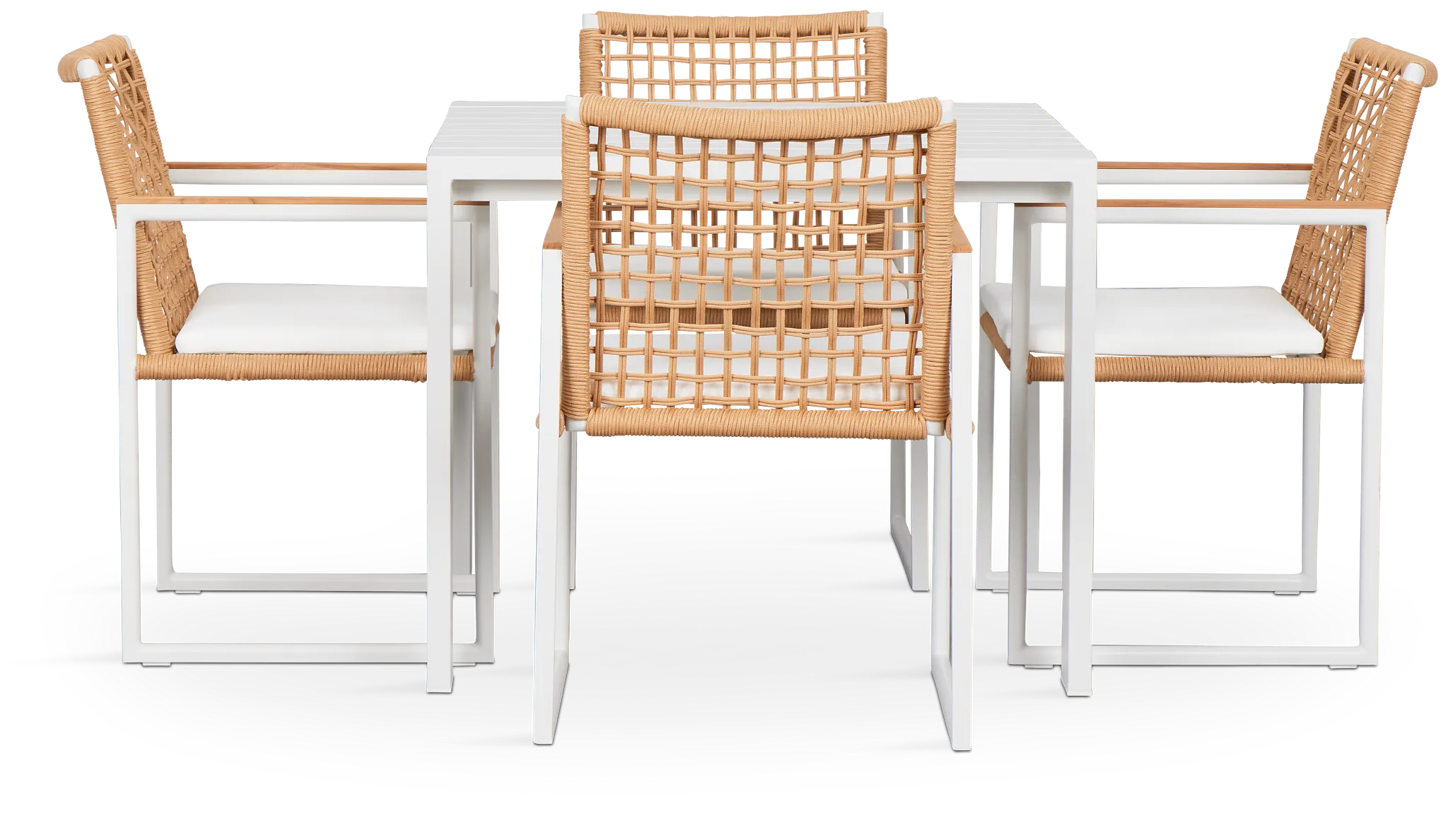 Sunrise White 35" Square Table & 4 Teak Arm Chairs