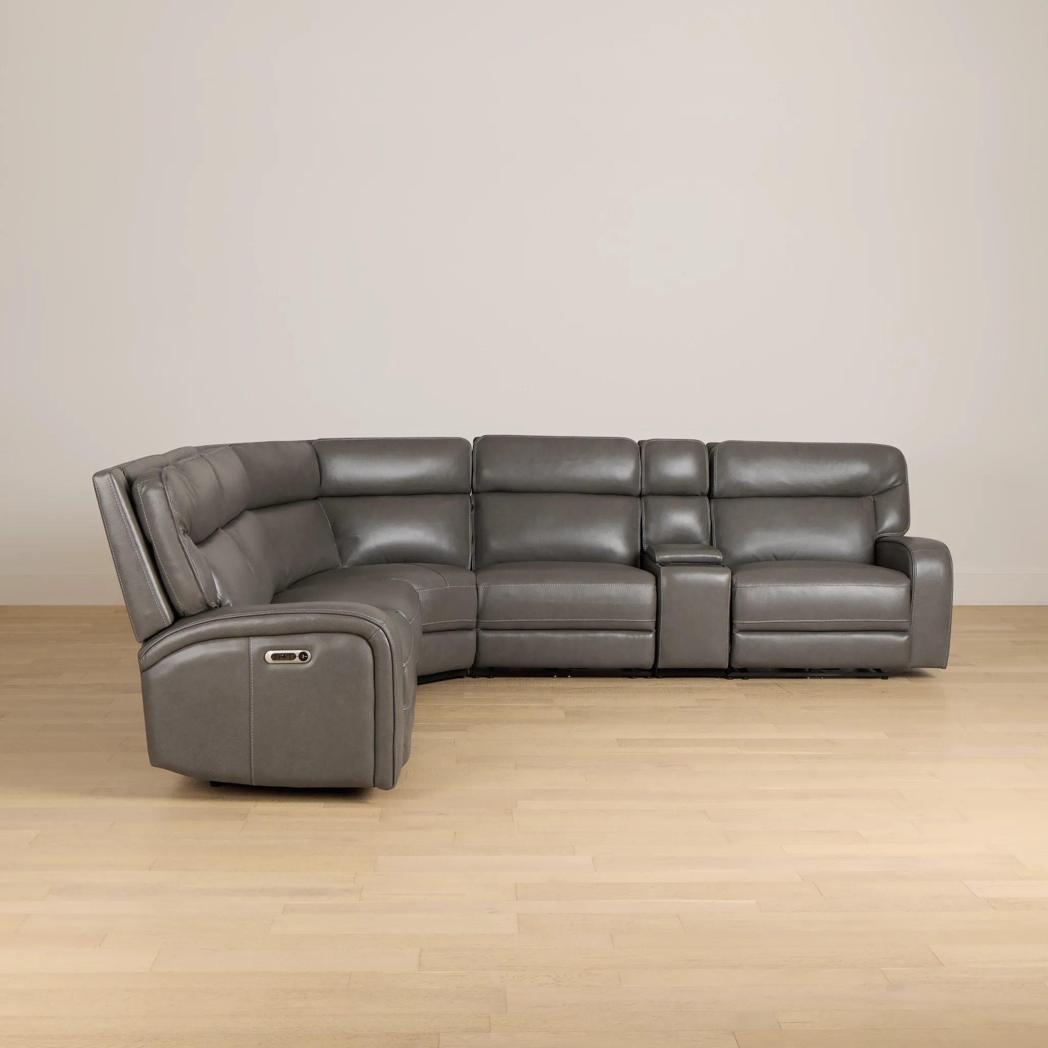 Jasper Gray Leather Medium Triple Power 2-arm Sectional