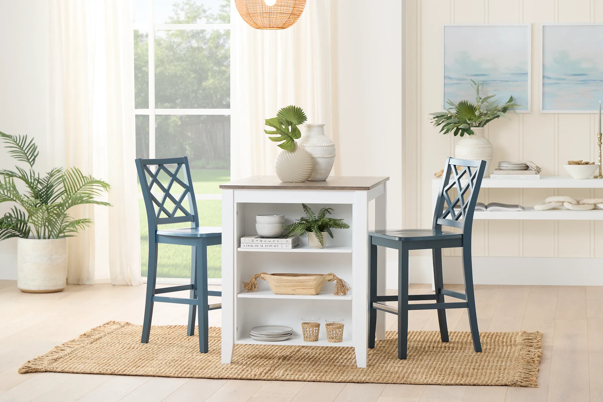 Edgartown Two-tone Storage High Table & 2 Navy Wood Barstools